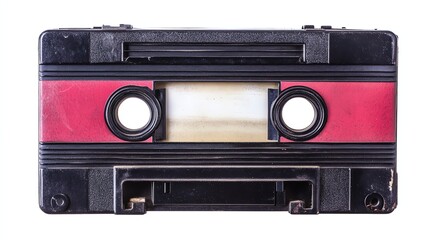 A brightly colored retro cassette tape lies isolated against a neutral background.
