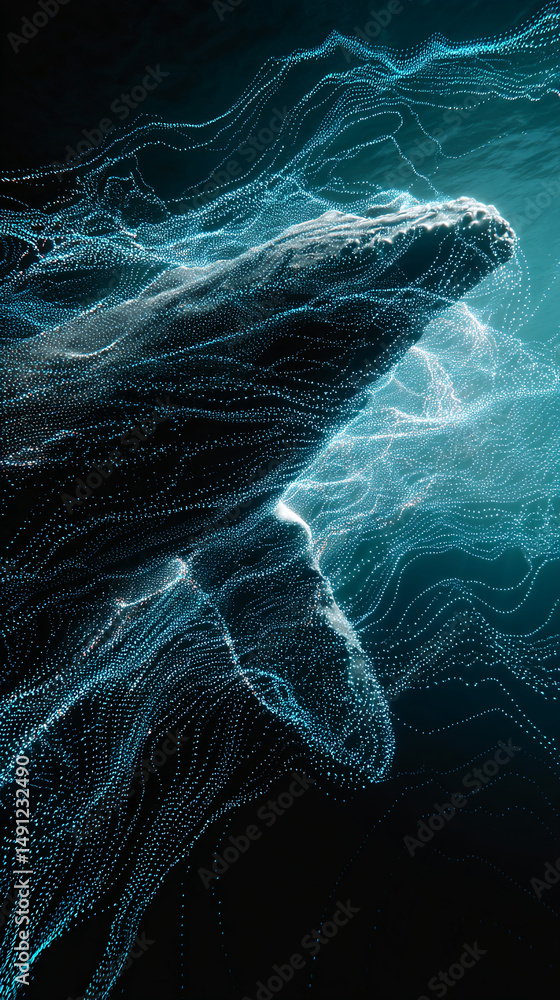 Poster Abstract image of whale form, rendered in glowing teal particles, creating a dynamic, ethereal underwater scene symbolizing technology, nature, or digital art