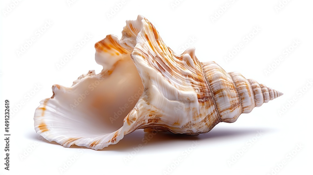 Poster a single, pristine seashell rests on a stark white background.
