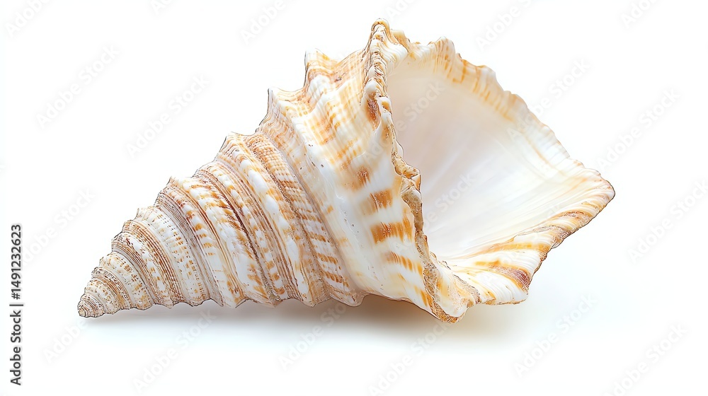 Poster a single, pristine seashell rests on a stark white background.