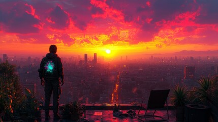 Fototapeta premium Silhouette Watching a Vibrant Sunset Over an Urban Landscape with Futuristic Elements