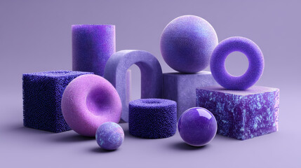 3d abstract geometric fur fluffy shape render icon set. Furry ball, cylinder, ring, cube block with hair texture. Isolated purple fuzzy objects, soft children toys for education games. 3D Illustration