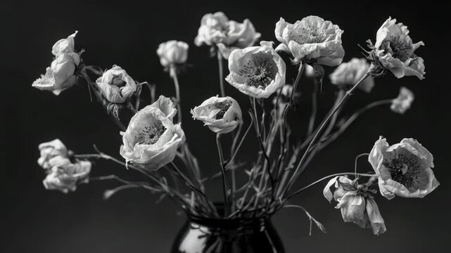 Gloomy depiction of withered flowers in a still-life context. Detailed view of decayed blooms in a vase set against a dark background.