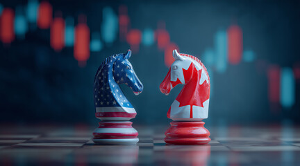 Two chess knight pieces. One with the American flag and the other with the Canadian flag. A graphic study of economic valuations.