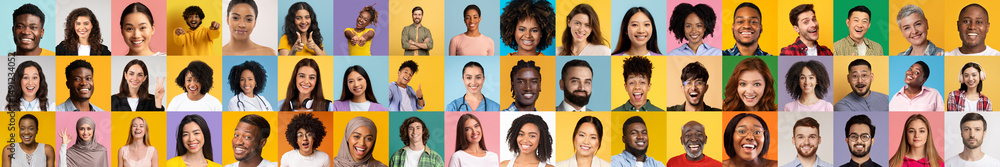 Poster a vibrant collage of diverse individuals displaying lively expressions. this collection highlights a