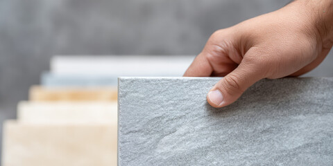 A hand holds a stone tile with several others blurred in the background. Concept: Construction materials and selection