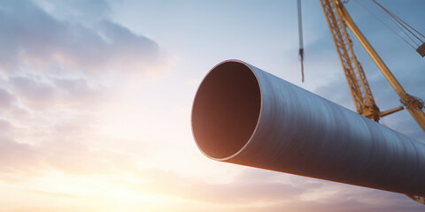A large steel pipe is suspended in the air by a crane against a backdrop of a bright sky. Industrial construction concept