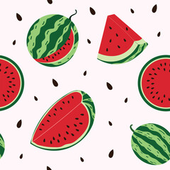 Watermelon seamless pattern with whole fruits, slices, and seeds. Bright summer fruit illustration in bold flat style. Perfect for seasonal textile and wrapping designs.