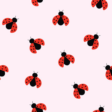Minimalist seamless pattern with tiny ladybugs on a soft pink background. Clean and simple summer bug design for wrapping paper, kids products and textiles.