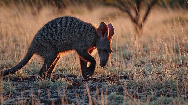 Aardvark foraging in savannah at sunset, captured in a low-angle shot. The warm, golden light creates a serene, natural video atmosphere.