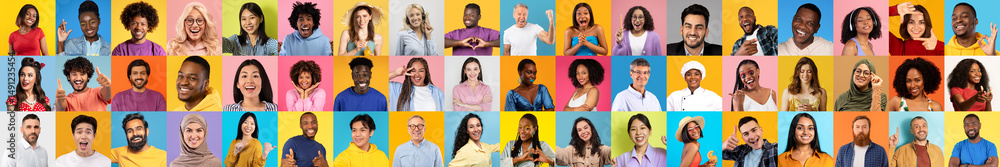 Poster a vibrant collage showcases a collection of diverse, smiling individuals. each portrait highlights d