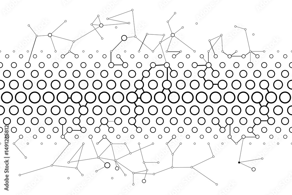 Wall mural circles pattern fade in and fade out, connected black dots, vector abstract outline geometric quantu