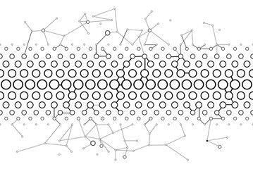 Circles pattern fade in and fade out, connected black dots, vector abstract outline geometric quantum data technology background, halftone tiles banner minimal style dynamic web tech wallpaper
