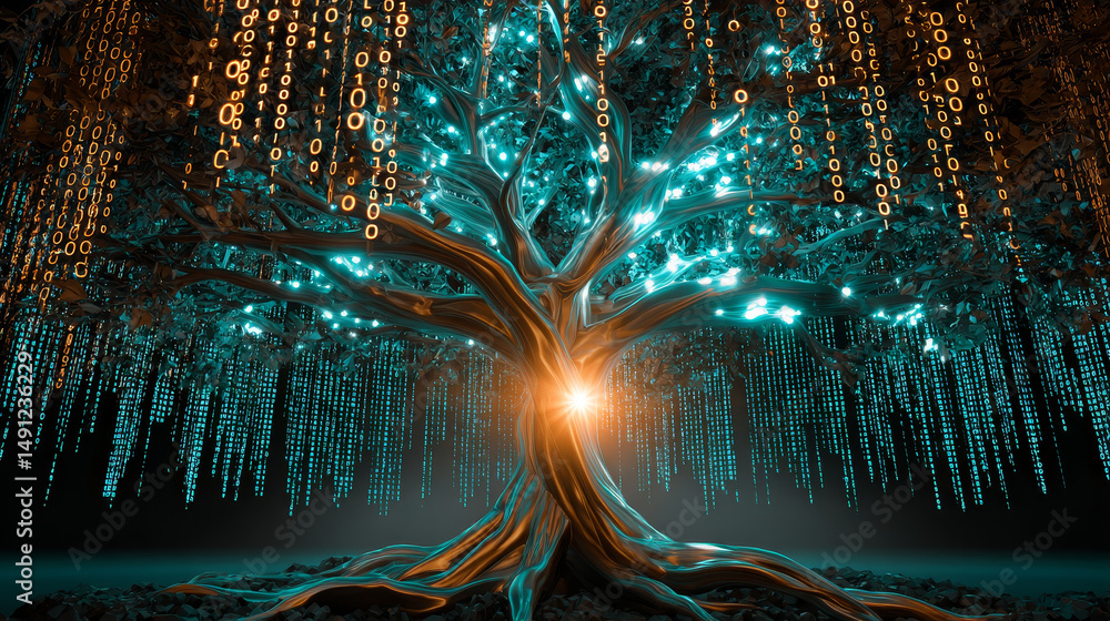 Aufkleber digital tree with sprouts and binary code in glowing futuristic polygonal style. poster for an educa