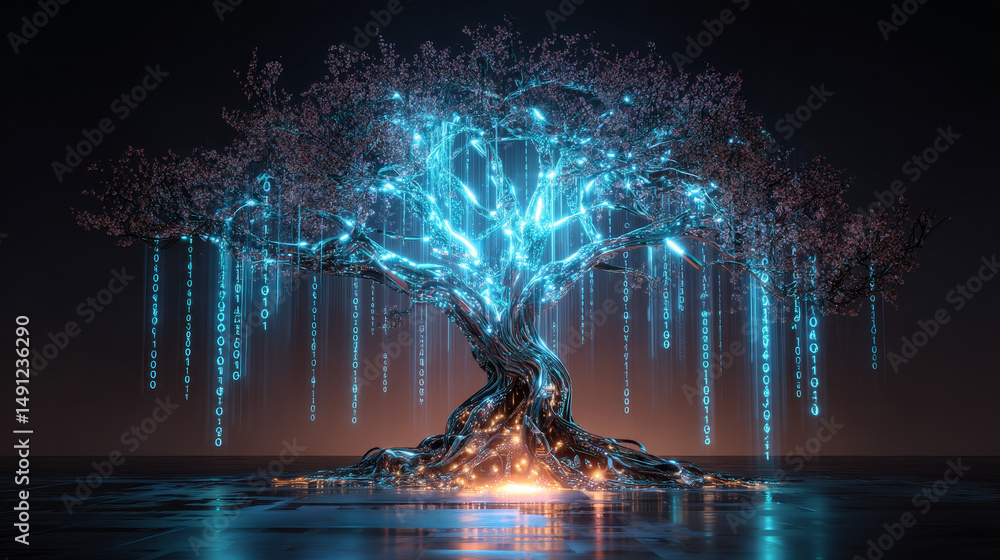 Aufkleber digital tree with sprouts and binary code in glowing futuristic polygonal style. poster for an educa