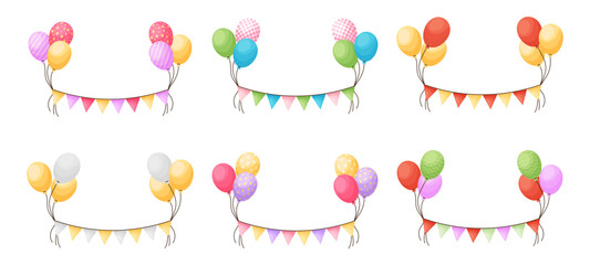 Cartoon festive balloon garland with bunting decoration vector set illustration