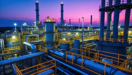 Industrial oil and gas refinery plant with pipelines and storage tanks at twilight under a vibrant purple sky