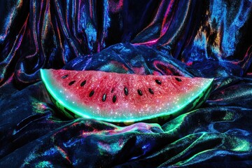 Vibrant watermelon slice on iridescent fabric