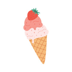 Cute strawberry ice cream cone with two scoops and a fresh berry on top. Summer sweet dessert illustration in flat style. Isolated on white background.