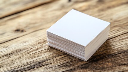 Fototapeta premium A neatly stacked pile of business cards rests on a rustic wooden desk.