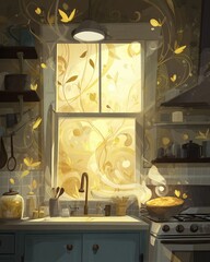 Golden sunlight streams through a kitchen window, illuminating swirling floral patterns and creating a magical atmosphere as a delicious meal cooks on the stove