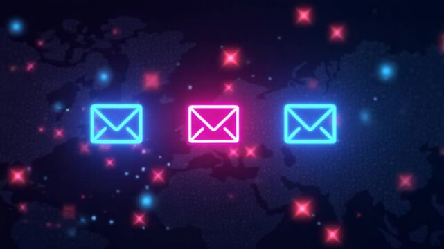 Neon email icons glow brightly against a dark, high-tech digital background, showcasing modern technology and design.