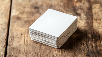 Fototapeta premium A neatly stacked collection of business cards rests on a rustic wooden desk.