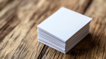 Fototapeta premium A neatly stacked set of business cards rests on a rustic wooden desk.