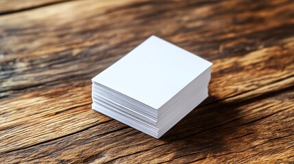 Fototapeta premium A neatly stacked pile of business cards rests on a rustic wooden desk.
