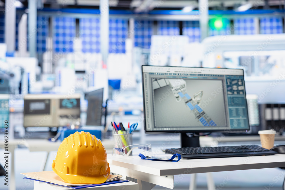 Poster cad program on pc display in photovoltaics factory used for designing production lines. simulation s