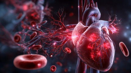 Heart blood health with red cells flowing through three dimensional veins from the human circulatory system representing a medical health care symbol of cardiology and cardiovascular fitness.