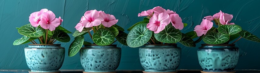 Pink flowers in teal pots against a teal background