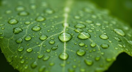 Close-up of a vibrant green leaf adorned with glistening water droplets, highlighting the intricate details of nature's beauty in macro view.