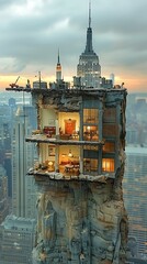 Urban fantasy, a miniature skyscraper on a rock