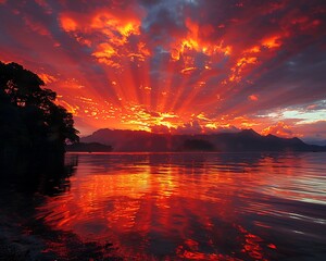 Fiery sunset over tranquil lake