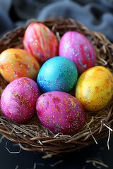 Colorful Easter eggs in a nest
