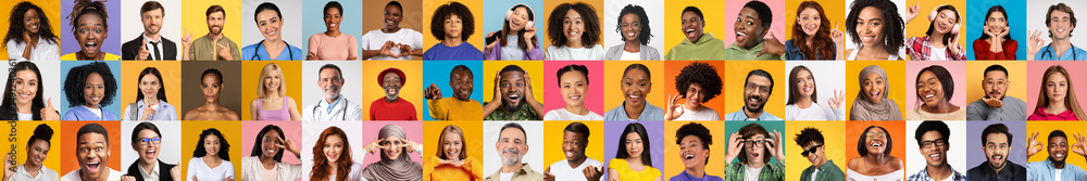 Poster An engaging array of portraits features diverse individuals with joyful expressions against colorful backgrounds. Each face tells a unique story of multiracial and diverse identities.