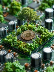 Circuit board with tree and coin, sustainable tech