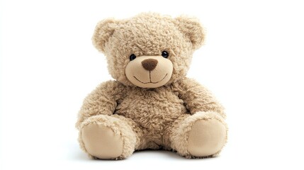 Obraz premium A fluffy, brown teddy bear sits alone on a white background.