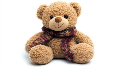 Fototapeta premium A fluffy, brown teddy bear sits alone on a white surface.