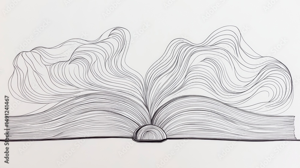 Poster Abstract line art drawing of an open book with swirling pages, representing knowledge and imagination.
