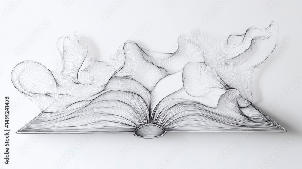 Poster Abstract art of an open book with smoke-like lines emanating from its pages, suggesting knowledge and imagination.