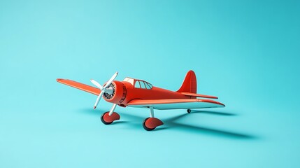 A single, toy airplane rests on a vibrant sky-blue background.