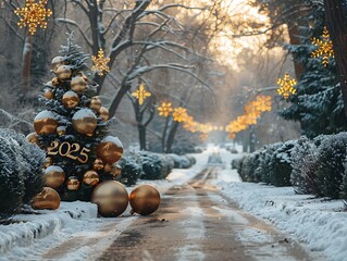 Snowy park path adorned with golden Christmas decorations