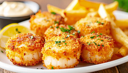 Fototapeta premium Fried scallops platter with fries, breaded, deep-fried. AI