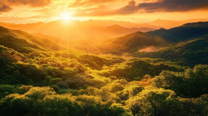 Majestic Sunrise Over Lush Green Mountains and Rolling Hills