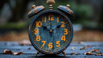 Vintage alarm clock on wooden surface