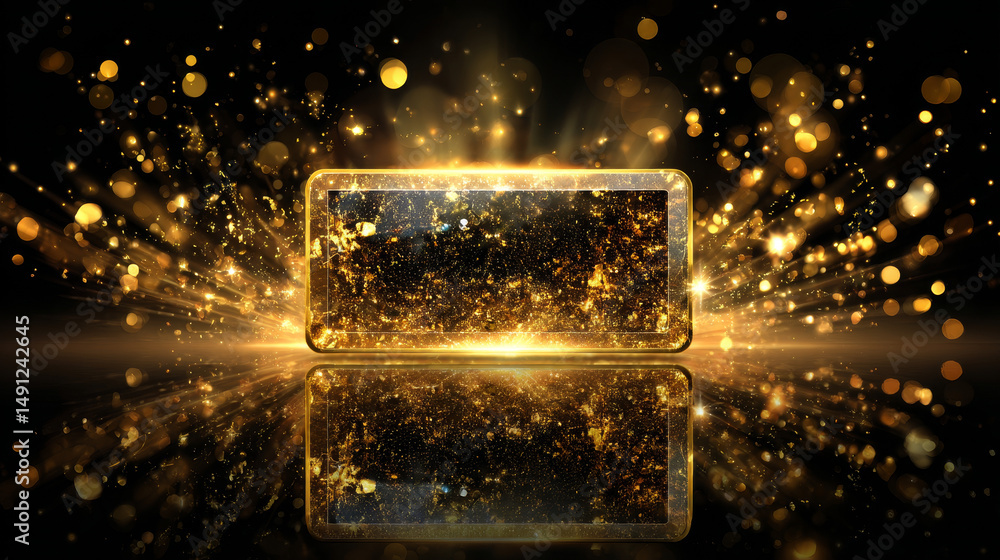 Poster vector illustration gold frame rectangular with flaire and shiny sparkles. isolated on transparent b
