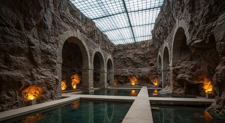 Interior view of ancient thermal baths with stone arches and glass ceiling