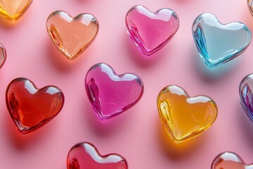Fototapeta premium Colorful Translucent Glass Hearts on Pink Background